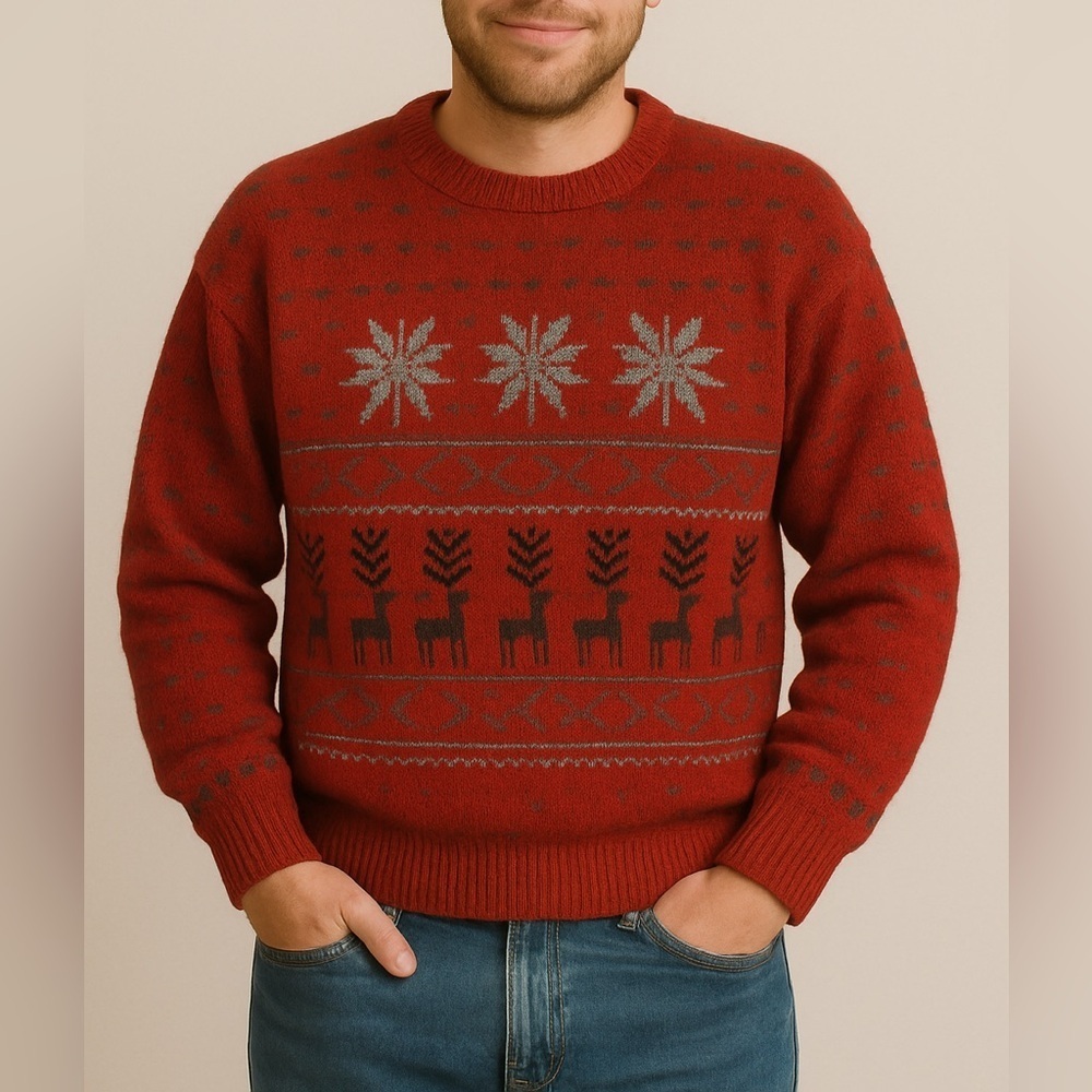 Vintage Christmas Wool Sweater Reindeer Fair Isle Red Snowflake Ski Knit holiday